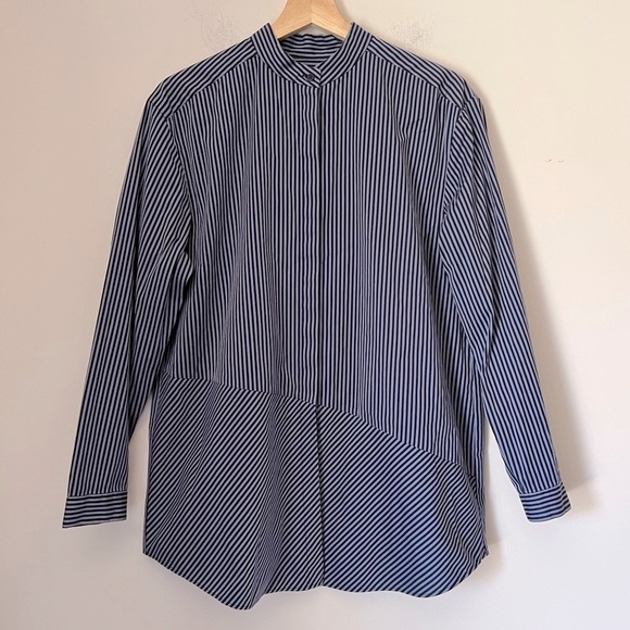 Lafayette 148 Asymmetrical Stripe Button Down Contemporary Shirt Blues M - Picture 1 of 10